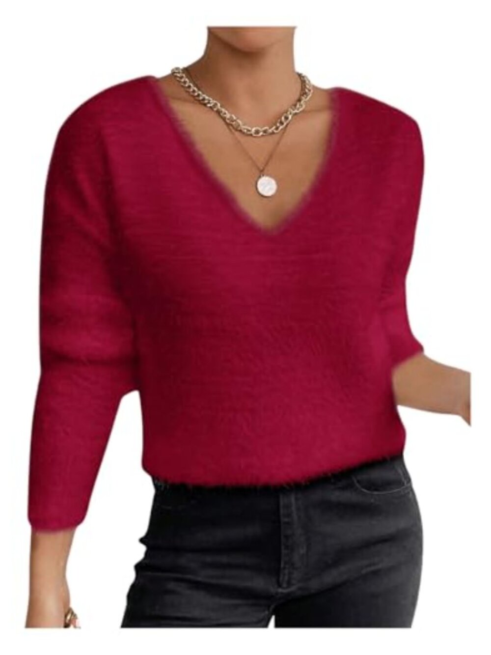 Women's Fuzzy V Neck Off Shoulder Pullover Sweater